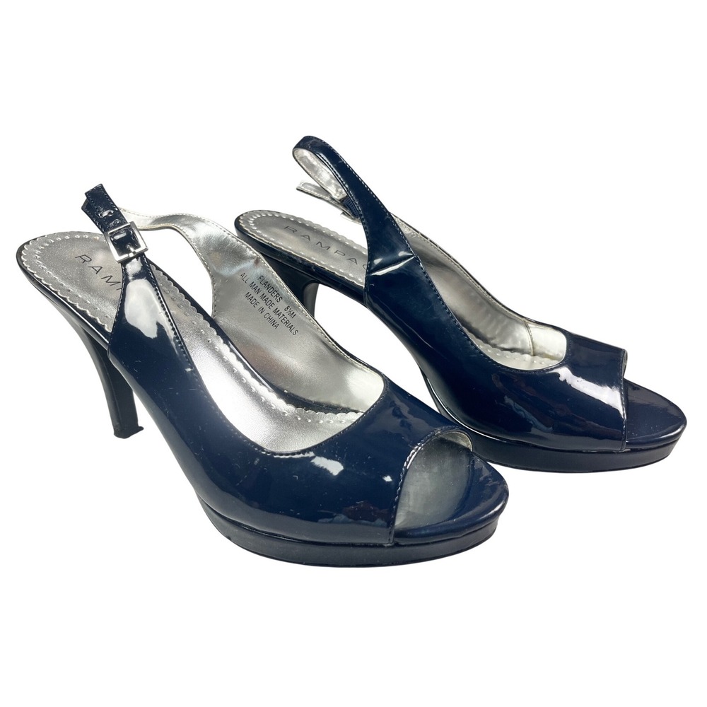 Rampage Flanders Navy Blue Patent Peep Toe Slingback Platform Heels Womens 8.5M
